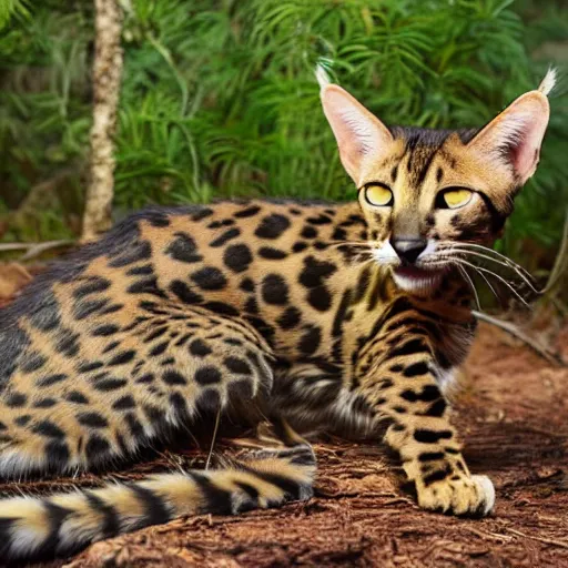 Prompt: a firece savannah cat in a lush forest