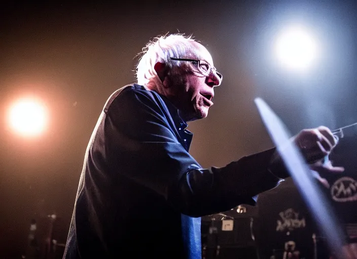 Image similar to publicity photo still of bernie sanders in a death metal band playing live on stage, 8 k, live concert lighting, mid shot