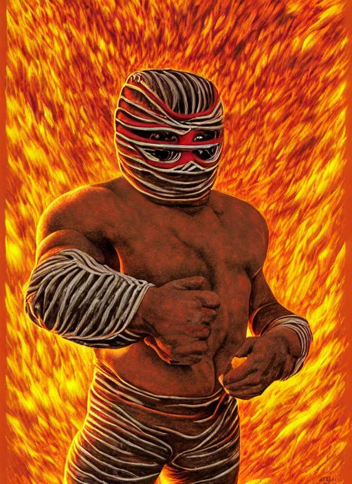 Prompt: poster of mexican old fighter, lucha libre, style poster illustration, by peter gric