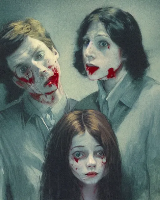 Prompt: two beautiful but creepy siblings wearing oxford shirts in layers of fear, with haunted eyes and dark hair, 1 9 7 0 s, seventies, wallpaper, a little blood, morning light showing injuries, delicate embellishments, painterly, offset printing technique, by brom, robert henri, walter popp