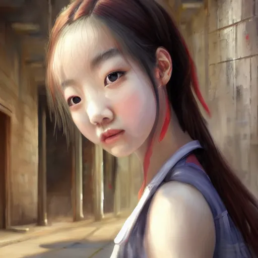 Image similar to a perfect, realistic professional oil painting in ancient Roman style, of a Japanese schoolgirl posing in a dystopian alleyway, close-up, by a professional American senior artist on ArtStation, a high-quality hollywood-style concept