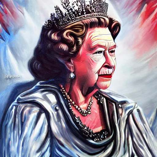 Prompt: Queen Elizabeth II as the Terminator art illustration painting high resolution high quality fantasy art