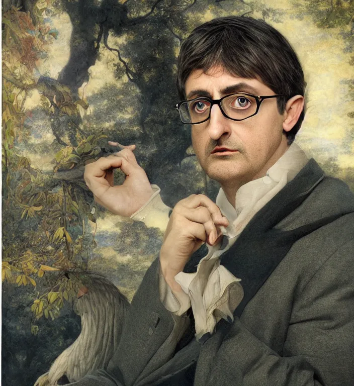 Image similar to a breathtakingly stunningly beautifully highly detailed portrait of a majestic louis theroux, by rosetti and devinci and michael cheval and sidney cooper and turner, 4 k