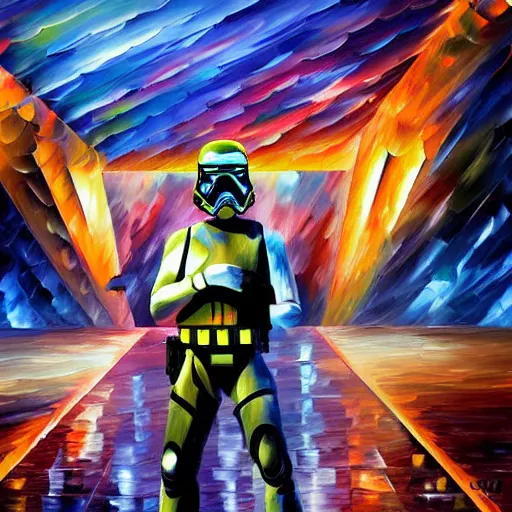 Image similar to A Neon Dark Trooper scanning a room with pulsating laser, artwork by Leonid Afremov