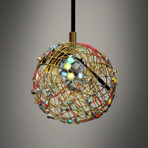 Prompt: Vivienne Westwood orb pendant surrounded by network cables and garbage and trash against a silk backdrop”