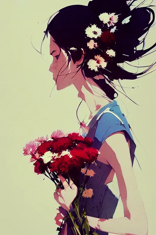 Image similar to a ultradetailed painting of a stylish girl holding a bouquet of flowers by conrad roset, greg rutkowski and makoto shinkai trending on artstation