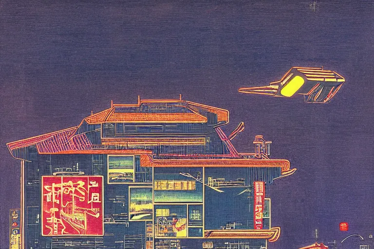 Image similar to cyberpunk buildings with a flight vehicle glowing in the sky, neon sign, bottom view ， bladerunner, by hiroshige utakawa