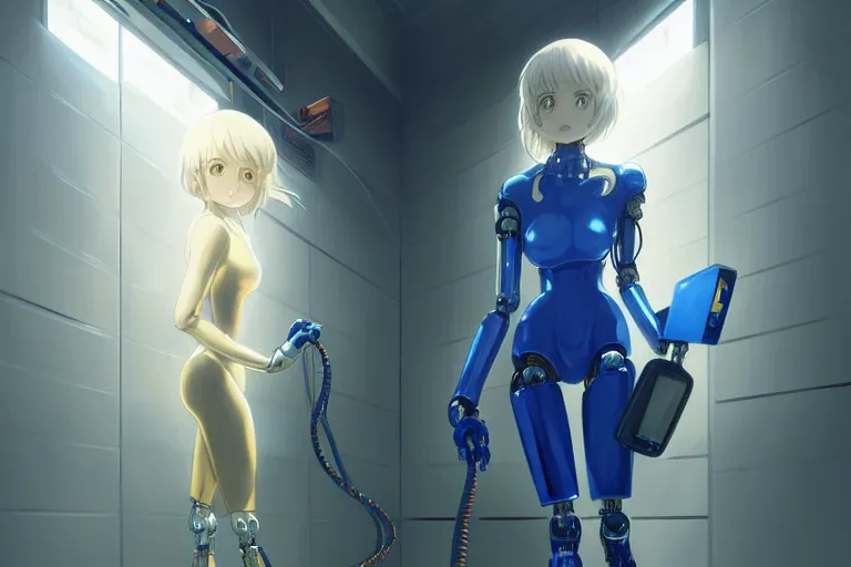 Image similar to datacenter room connects cables young robot server android baroque oil painting finely detailed perfect face flowing long fiberoptics blonde hair robot eyes blue. anime shinkai takeuchi key visual of character concept art metal female robot body suit pixiv fanbox, painted by greg rutkowski