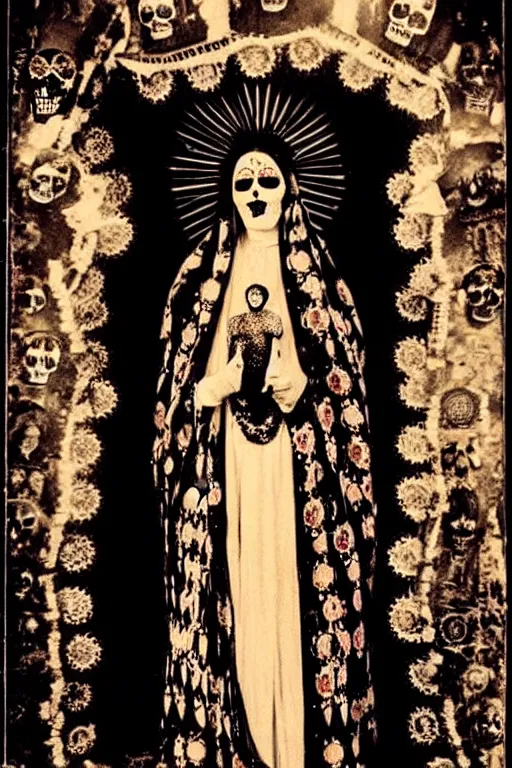 Image similar to phot taken in the 1 9 2 0's, virgin mary in dia de muertos dress and make up, horrific beautiful vibe, evocative, atmospheric lighting, painted, intricate, highly detailed,