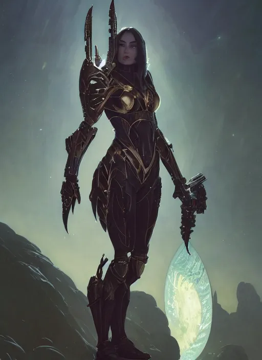 Image similar to highly detailed full body portrait of megan fox in warframe armor, stephen bliss, unreal engine, fantasy art by greg rutkowski, loish, rhads, ferdinand knab, makoto shinkai and lois van baarle, ilya kuvshinov, rossdraws, tom bagshaw, alphonse mucha, global illumination, radiant light