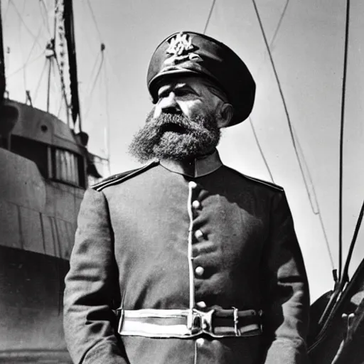 Image similar to a old man in officer suit of russian empire, gray hair and beard, standing near giant yellow dieselpunk ship