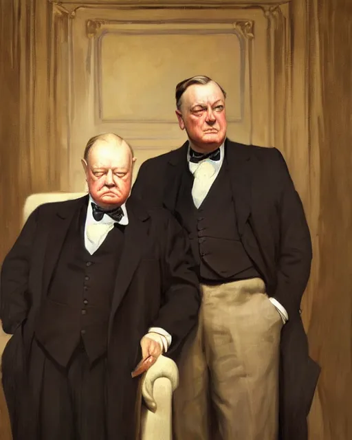 Image similar to Winston Churchill and Franklin Delano Roosevelt, oil on canvas, artstation, by J. C. Leyendecker and Edmund Blair Leighton and Charlie Bowater, octane