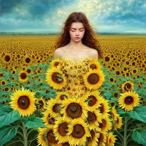 Prompt: a girl slowly walking through amazing tall sunflower field, hair flowing, early morning lightning, bad weather approaching, elegant, subtle, intricate details, real masterpiece, oil on canvas, by karol bak, ayami kojima, artgerm, smile, concept art, fantasy