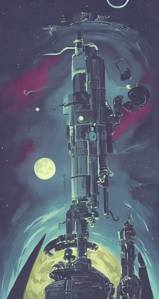 Image similar to retro dark vintage sci-fi, 2D matte gouache book cover illustration, deep space, sci-fi world