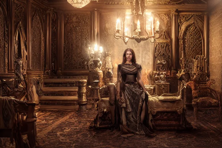 Image similar to the elder scrolls vi, charismatic regal brunette female jarl, portrait, rustic throne room, atmospheric lighting, painted, intricate, volumetric lighting, beautiful, daytime,, slight overcast weather, 4 0 0 0 k, sharp focus, deep colours, ultra detailed, by leesha hannigan, ross tran, thierry doizon, kai carpenter, ignacio fernandez rios