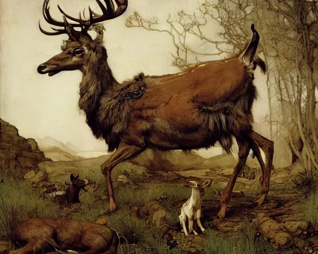 Image similar to Lama, Deer, Dog, Horse combined; fantastic sick damned mutant beast infected exposed damaged skin inflated blisters by Arthur Rackham, Eugene de Blaas, Frederic Leighton, Tom Bagshaw, Ivan Shishkin, Hans Thoma, Asher Brown Durand