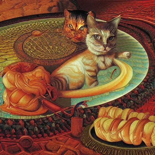 Image similar to russian distorted psychedlic pool octagon tom cat croissant cream caramel , by Johfra Bosschart and Richard Dadd and Pablo Picaso , chiaroscuro , line art , masterpiece