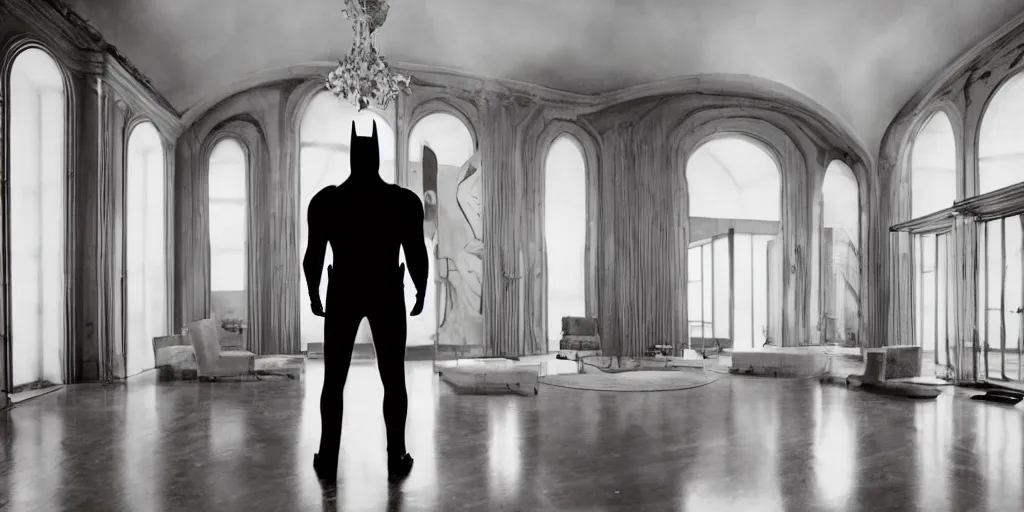 Image similar to Batman standing in giant Italian modern castle living room, clean minimalist design, that is 1300 feet tall, with very tall giant walls filled with modern art paintings, doors that are cosmic portals, photo by Annie Leibovitz