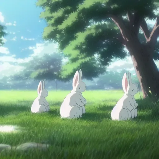 Prompt: A group of white bunny rabbits under the cherry tree, Makoto Shinkai