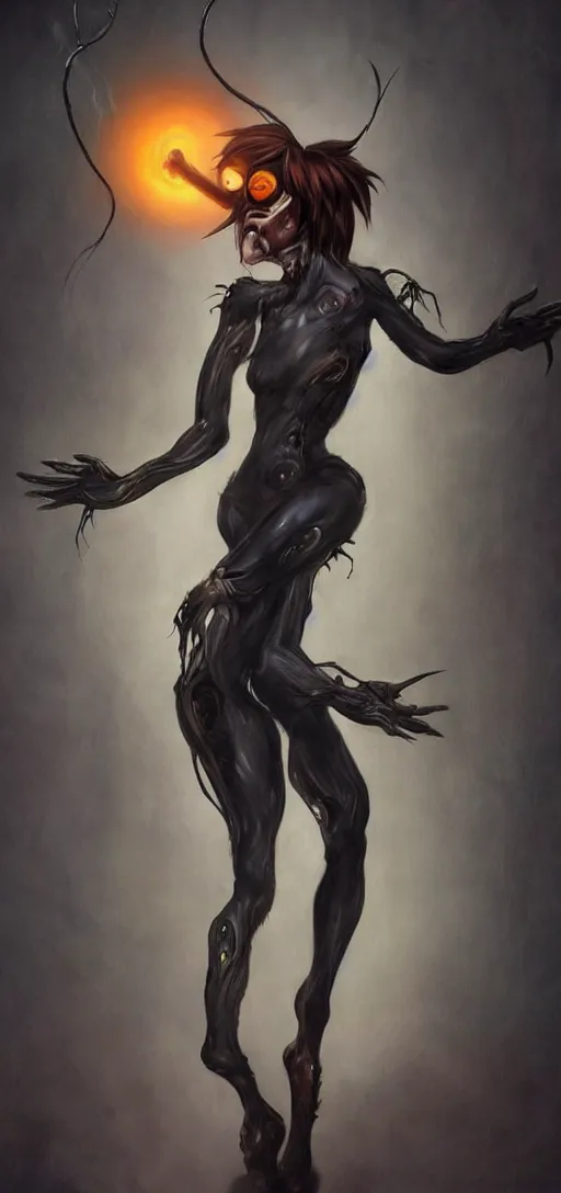 Image similar to dark full body painting of tracer from overwatch, in style of zdzisław beksinski, scary, horror, 4 k, feminine facial features, overwatch tracer character, horror, body horror, disturbing, detailed face, dressed in dark garment, black tendrils, tall, long legs,