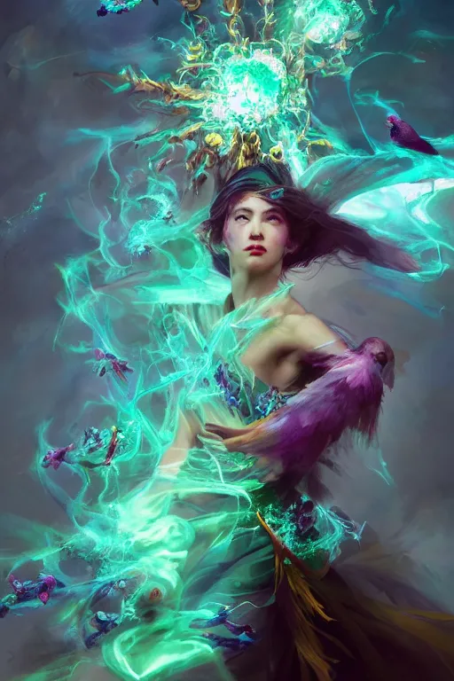 Image similar to beautiful girl necromancer, witch - doctor exploding into flowers fire crystal dress, angels, 3 d render, green magic, hyper realistic detailed portrait, holding electricity and birds, ruan jia, wlop. scifi, fantasy, magic the gathering, hyper detailed, octane render, concept art by artgerm, peter mohrbacher
