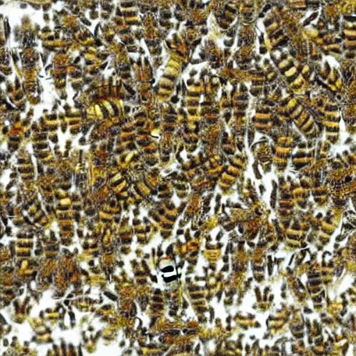 Prompt: swarm of bees emerge from a paper next like a cyclone