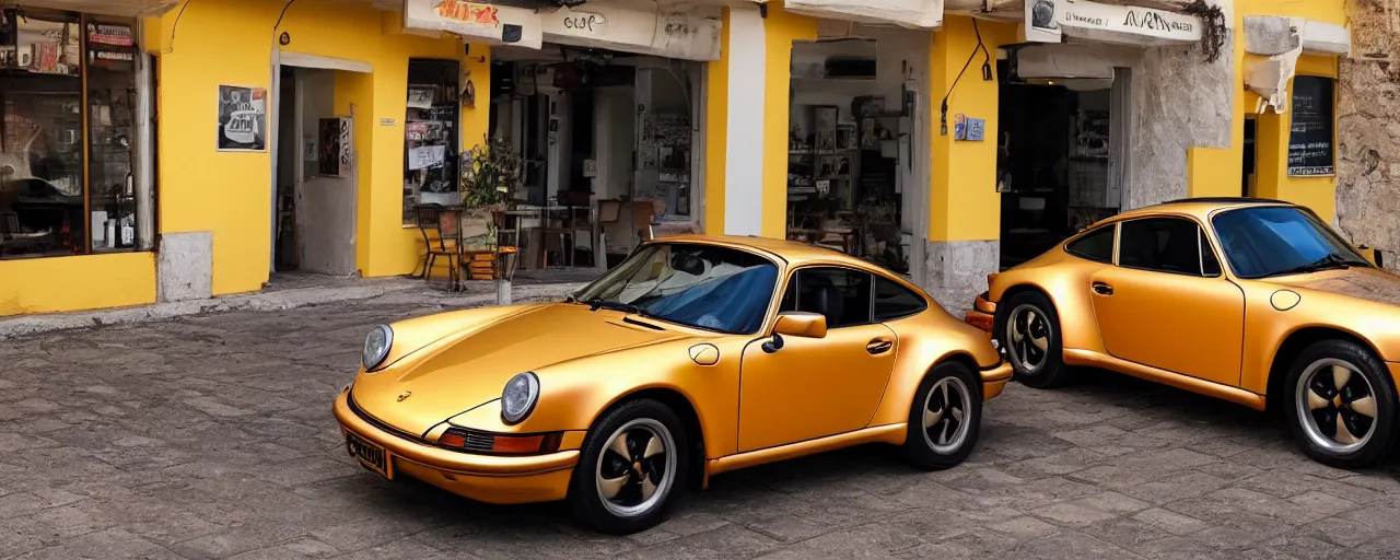 Image similar to Photo of a copper yellow Porsche 911 Carrera 3.2 parked in front of a cafe in Cyprus, daylight, dramatic lighting, award winning, highly detailed