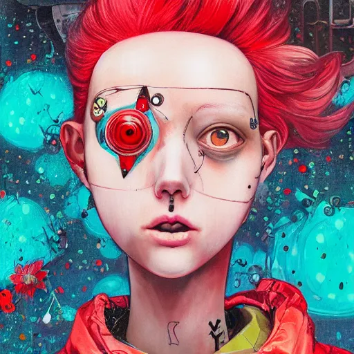 Image similar to a mannequin with a red hair and a smiley face, cyberpunk art by hikari shimoda, featured on cgsociety, pop surrealism, anime aesthetic, high detailed, detailed painting