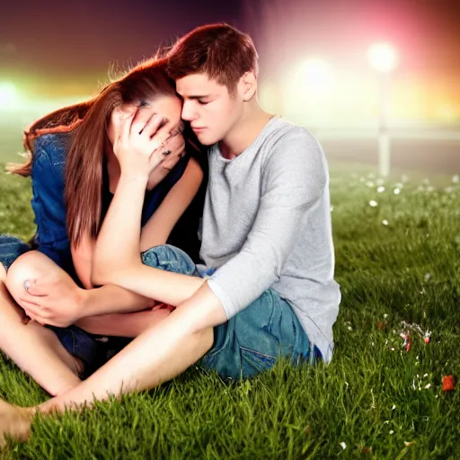 Prompt: a girl crying in her boyfriends lap in the grass outside a highschool, night, nostalgic