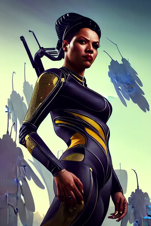 Image similar to gta 5 queen bee profile picture by greg rutkowski, cybernetic wings, dynamic pose, intricate, futuristic, fantasy, elegant, by stanley artgerm lau, greg rutkowski, thomas kindkade, alphonse mucha, loish, norman rockwell, fantasy lut, asymmetric, long hair, retro computer graphics, video game, fluid lines,