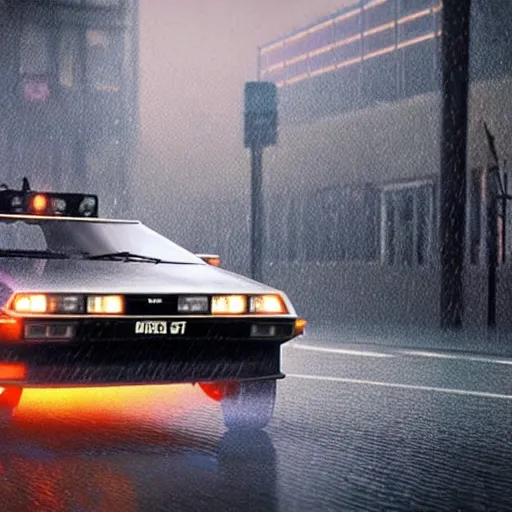 Image similar to hyperdetailed, photorealistic photograph of a dmc 1 2 delorean driving in the streets, rain, night, dense fog, hd, unreal engine 5