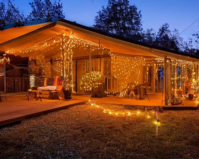 Prompt: a still photo of a backyard at night with fairy lights, house on the left side with wooden flooring, warm lighting