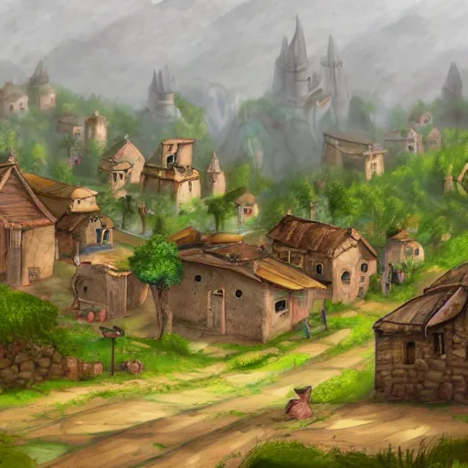 Image similar to d & d phandalin small rough and tumble town with a few cozy stone buildings along the main road. in the background on a hill is a ruined stone keep. forested area surrounds the town. view from the main road. high detail, 4 k, painting concept art