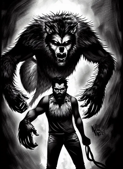 Image similar to in the style of artgerm, steve niles, rafael albuquerque, large hairy werewolf in a shopping mall at night, moody lighting, horror scary terror