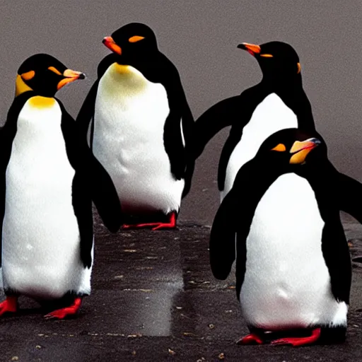 Image similar to A photo of a mafia meeting between penguins wearing pinstripe suits