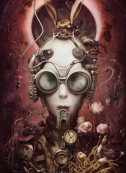 Image similar to white rabbit, steampunk googles, highly detailed, cinematic, 8 k, by megan duncanson, benjamin lacombe, adrian borda, stanley artgermm, tom bagshaw, craig mullins, carne griffiths, ayami kojima, beksinski, giger, trending on deviantart, hyper detailed, horror, full of colour