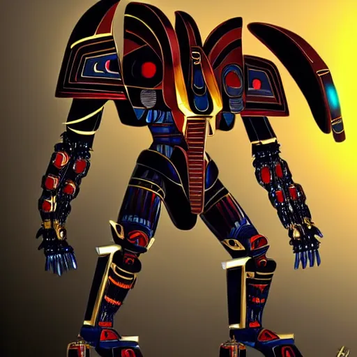 Prompt: Colossal Culturally Egyptian Jaeger Mech named Khepri Atlas from Pacific Rim with large scarab-like head with massive red halo channeling energy above it, black gold and red color scheme, large and bottom-heavy, Hugo Martin Concept Art