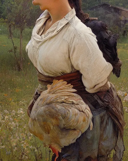 Image similar to side portrait Appalachian farm girl with detailed features, weathered barn in the backdrop, chickens on the ground, Appalachian trees, sharp focus, illustration, highly detailed, oil painting, matte, art by Greg Rutkowski and Alphonse Mucha, masterpiece