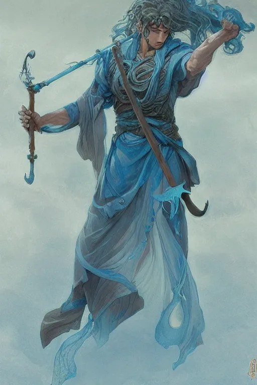 Prompt: medium shot of a young water genasi male holding a magic staff!, fully clothed, ocean tatoos, blue flowy hair, strong, sofisticated, fantasy, highly detailed, digital painting, artstation, concept art, character art, art by greg rutkowski and tyler jacobson and alphonse mucha