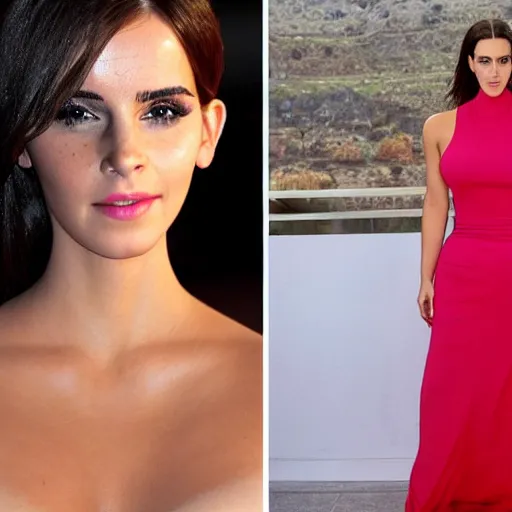 Image similar to a woman who is a genetic combination of kim kardashian and emma watson face and upper - body focus