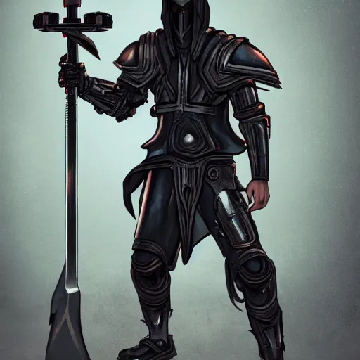 Prompt: cyberpunk crusader, armor on arms and legs, huge biomechanical axe on shoulder, wearing hoodie, crusader helmet under hood