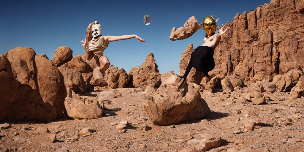 Prompt: levitating dressed woman with full - face golden mask in a dry rocky desert landscape, floating rocks, levitating rocks, visible sky and sunny atmosphere, fata morgana and giant square mirrors by alejandro jodorowsky, anamorphic lens, kodakchrome, practical effects, masterpiece, 8 k