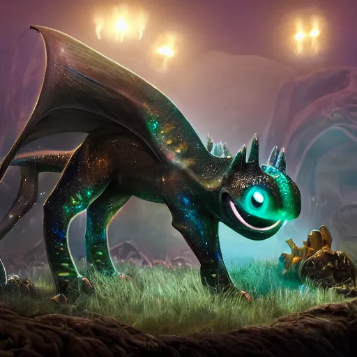 Image similar to realistic bioluminescent toothless on a steampunk biome, sparkles, magical, elves, fantasy, hyper realism, intricate, digital art, detailed, studio shot, unreal engine 5, octane, high definition, smooth, artstation, behance