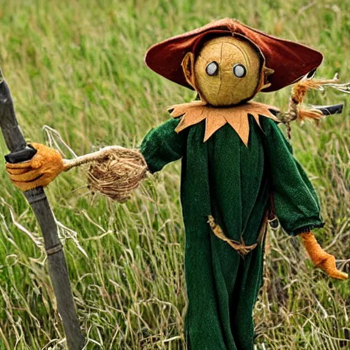 Image similar to elvish scarecrow scaring off goblins