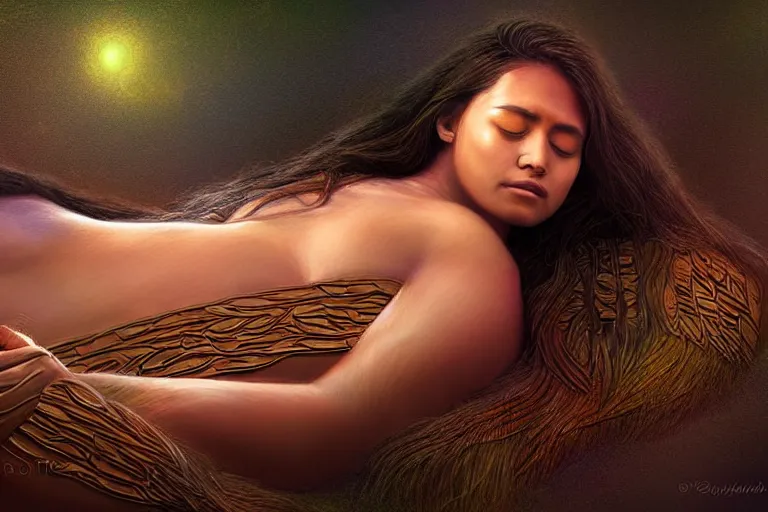 Image similar to polynesian sleeping goddess, anatomy, professional photo lemurian night, realistic texture, detailed soft digital fantasy art