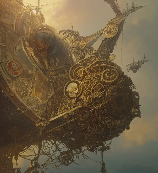 Image similar to a baroque steampunk airship dirigible, intricate, highly detailed, digital painting, artstation, concept art, sharp focus, cinematic lighting, illustration, art by artgerm and greg rutkowski, alphonse mucha, cgsociety