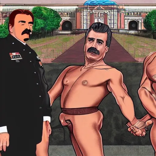 Image similar to lgbt art, tom of finland style, stalin, and lenin, in billy herrington body, art in 4 k, high quality