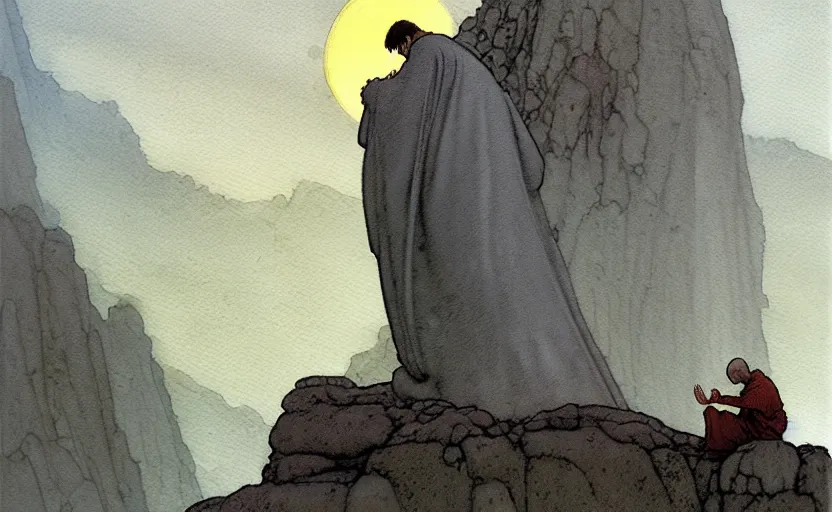 Image similar to a hyperrealist watercolour character concept art portrait of one small grey medieval monk kneeling in prayer as giant flat rocks float in the air above him. it is a misty night. by rebecca guay, michael kaluta, charles vess and jean moebius giraud