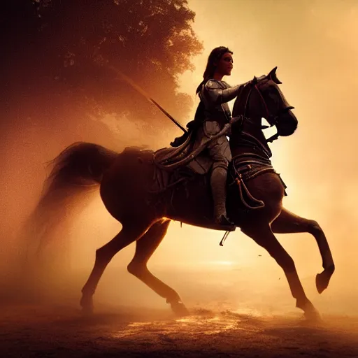 Prompt: Joan of Arc on a horse commanding an French army, octane render, dramatic lighting, hyperrealistic, high detailed, cinematic, artstation
