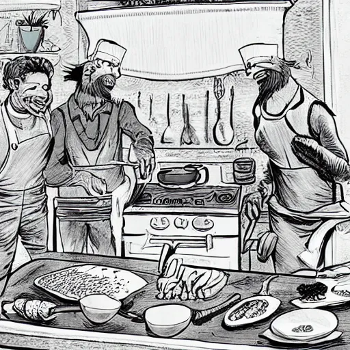 Image similar to a trex cooking dinner, illustration